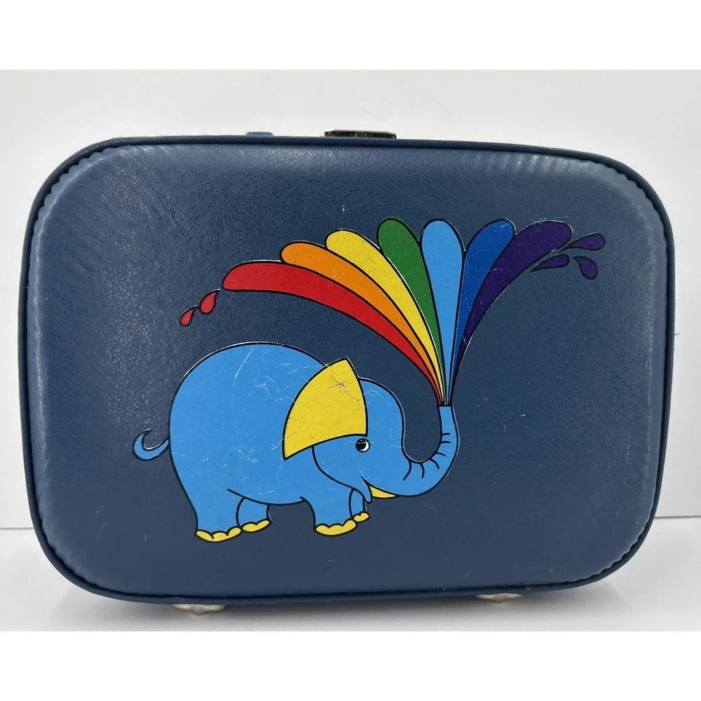 VTG 60s 70s Blue Elephant Rainbow Vinyl Kid's Hard Case Whimsical Suitcase